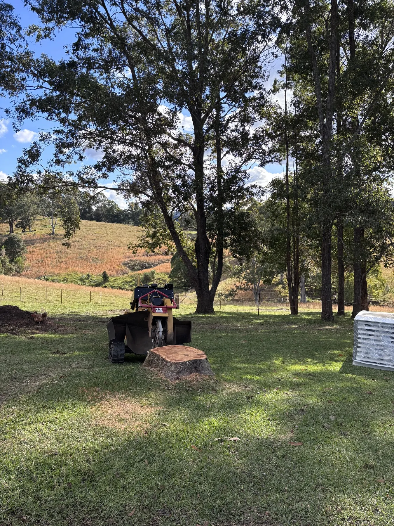 Stump grinder working on an acreage property with hinterland hills behind