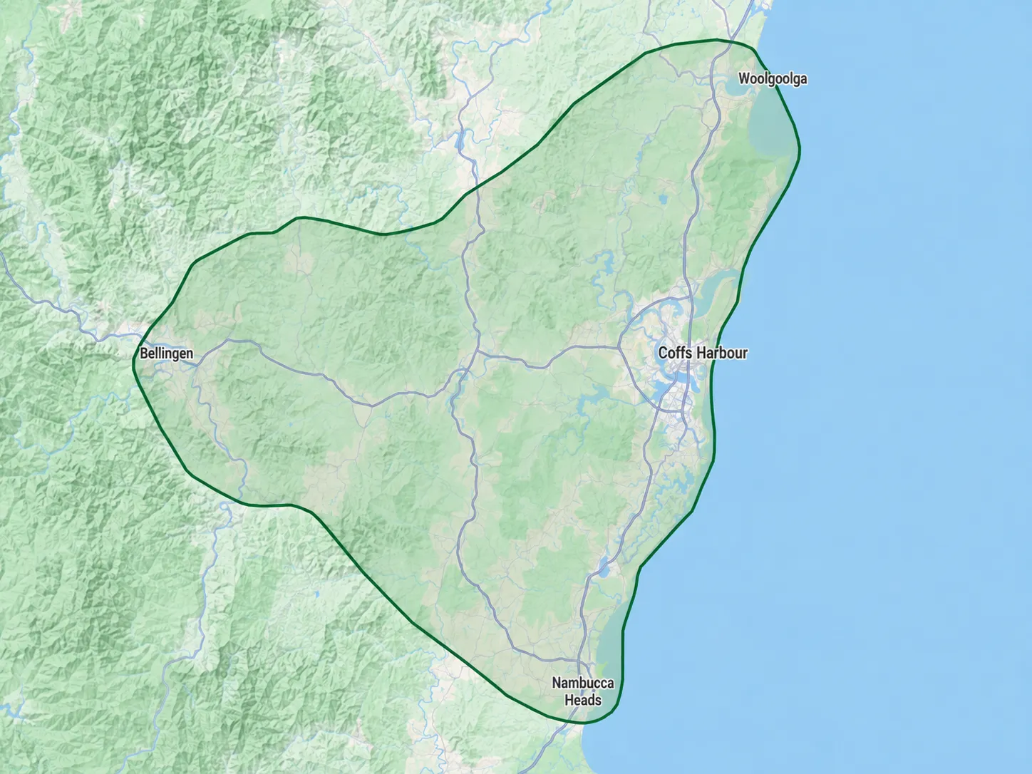 Map of the Stump Co. stump grinding and stump removal service area, covering Woolgoolga, Coffs Harbour, Bellingen and Nambucca Heads